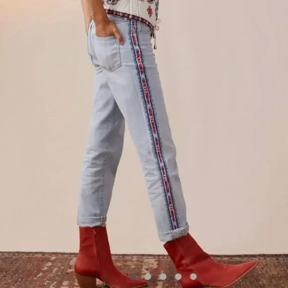 PILCRO Anthropologie The Vintage Straight Jeans Boho Ribbon Stripe Trim - Sz 27 - Picture 2 of 9